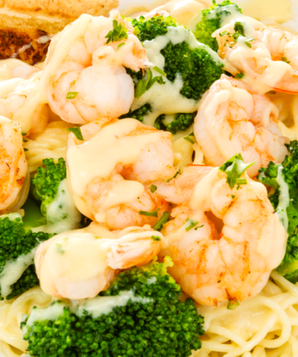 Spaghetti aux crevettes champignons et brocoli