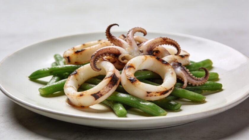 Assiette de calmars grilles avec haricots verts