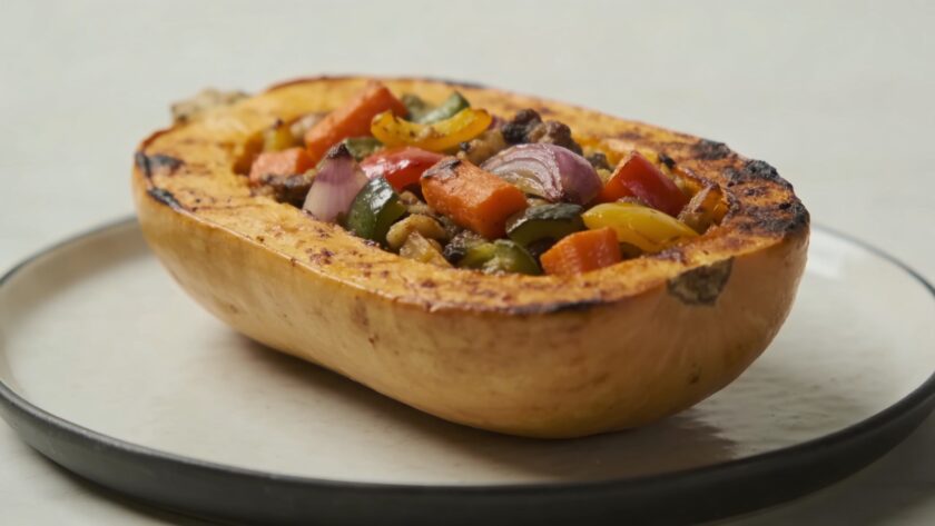 Assiette en gros plan avec courge rôtie farcie de legumes
