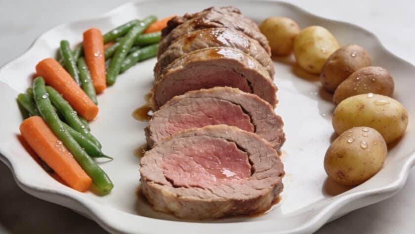 Assiette de paupiettes de veau coupees avec garniture de legumes