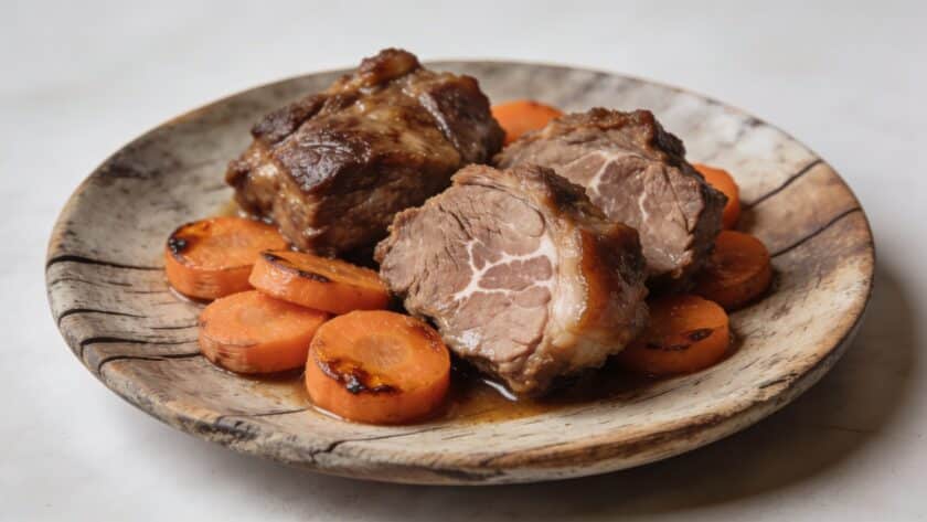Assiette rustique de joues de porc mijotees avec carottes