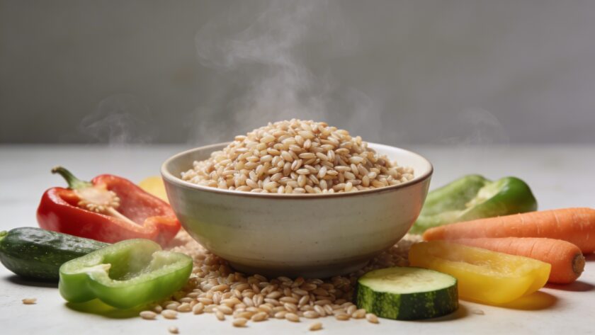 Bol de petit epeautre cuit avec legumes colorés