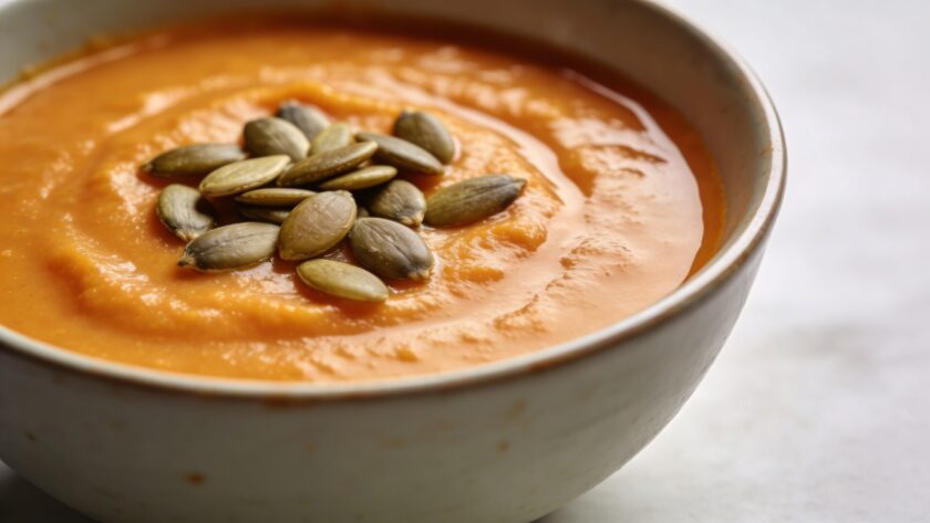 Bol de soupe orange cremeuse avec graines de courge