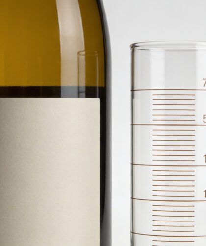 Bouteille de vin 75 cl debout pres verre graduations visible