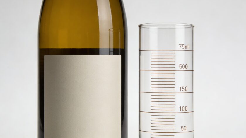 Bouteille de vin 75 cl debout pres verre graduations visible