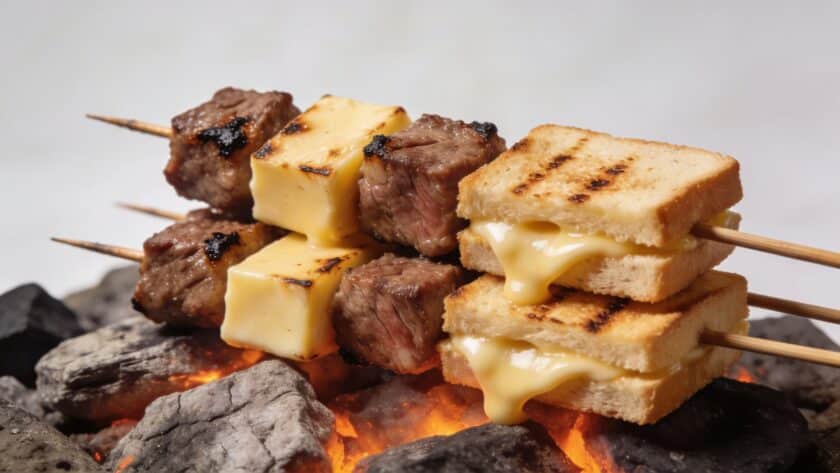 Brochettes de boeuf et fromage grillant sur braise