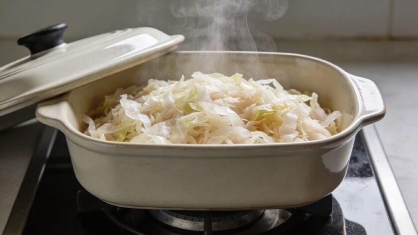 Casserole fumante de choucroute crue sur cuisiniere