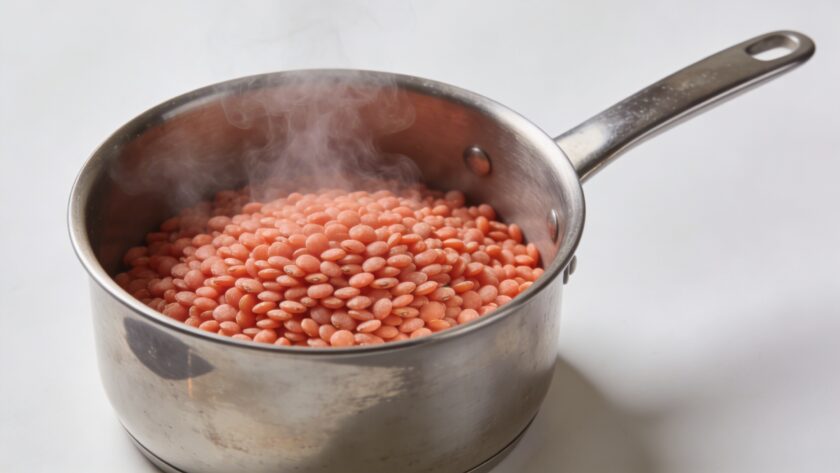 Casserole en inox avec lentilles corail fumantes