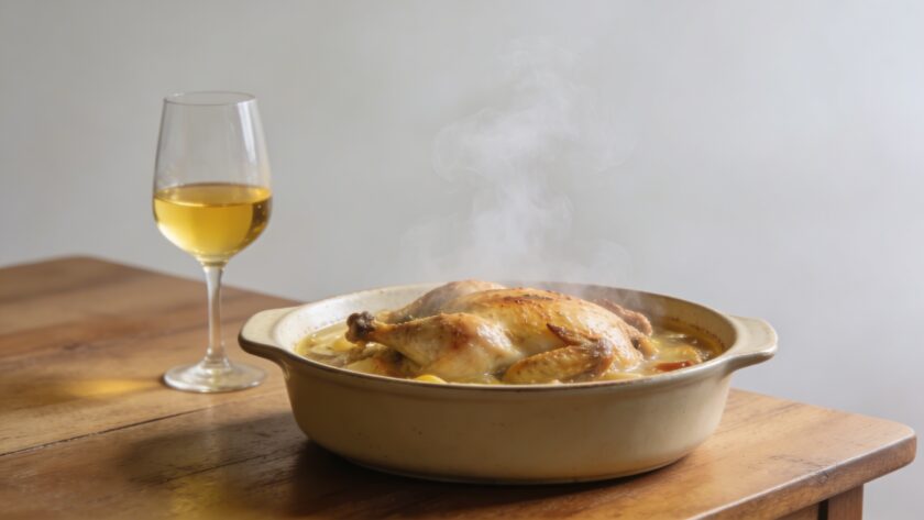 Casserole de poulet au vin jaune fumant sur table