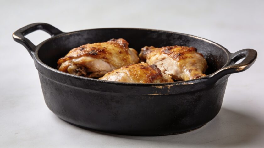 Cocotte en fonte avec cuisses de poulet dorees