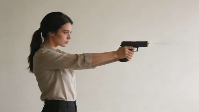 Femme debout visant une cible avec pistolet