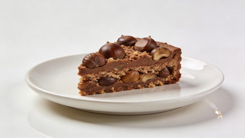 Part de gateau brun aux chataignes sur assiette