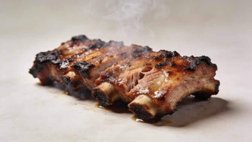 Gros plan sur cotes de porc grillees fumantes