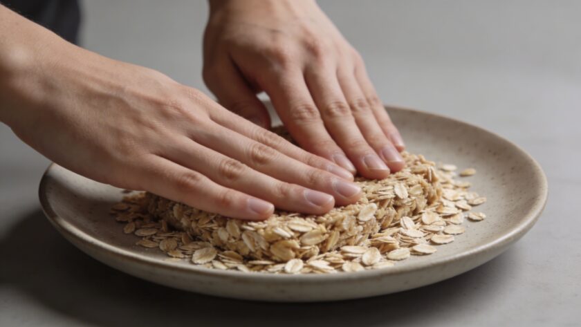 Gros plan mains pressant melange cereales dans plat