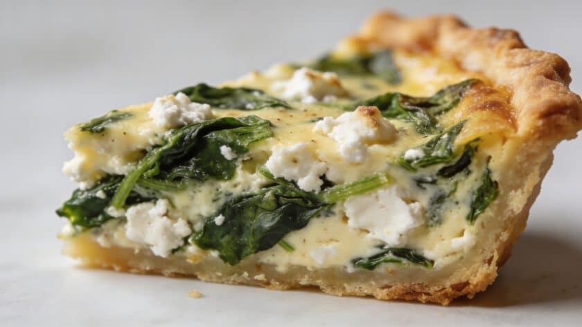 Gros plan sur part de quiche epinards chevre