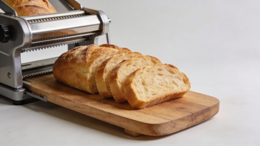 Pain dore tranche sur planche pres machine