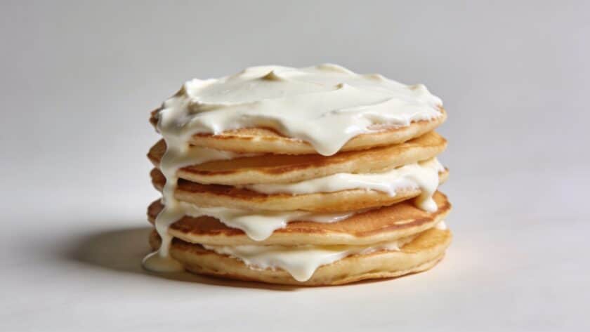 Pile de pancakes dores nappes de fromage blanc