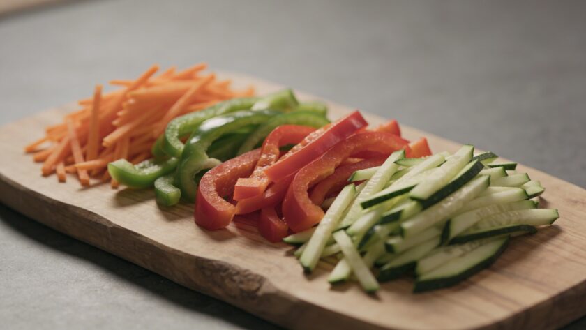 Planche en bois avec julienne de legumes colores
