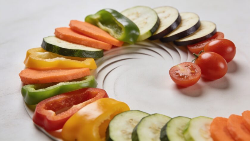 Plat de legumes colores en spirale vue dessus