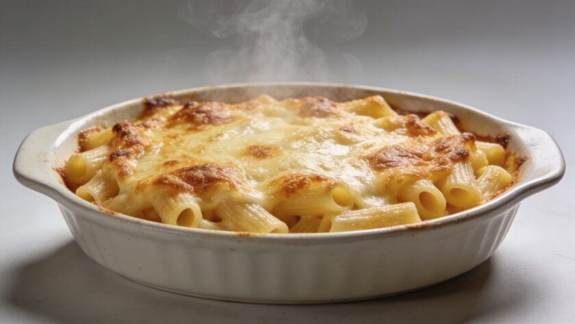 Plat de macaronis gratines dorés sortant du four