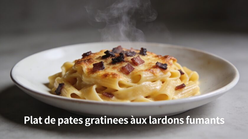 Plat de pates gratinees aux lardons fumants