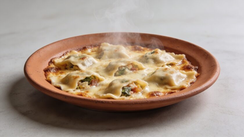 plat en terre cuite avec gratin de ravioles fumant