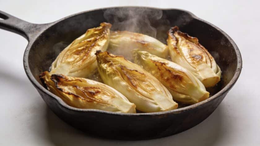 Poele en fonte avec endives dorees et fumantes