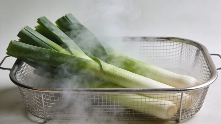 Poireaux verts dans panier vapeur en inox fumant