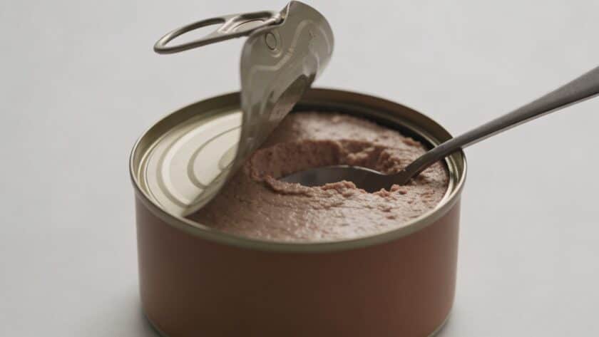 Pot de pate brune ouvert avec cuillere plongee