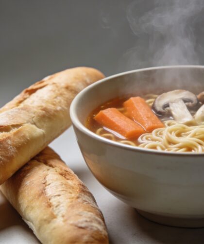 Bol de ramen fumant aux legumes, baguettes posees