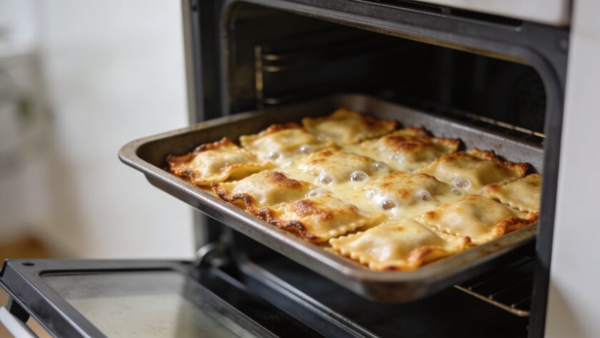 Plat de ravioles gratinees dorant dans un four