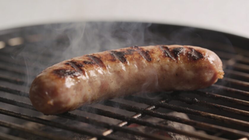 Saucisse de Morteau grillant sur barbecue fumant