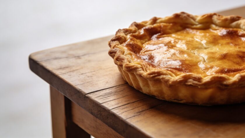 gros plan sur une tarte alsacienne doree sur table en bois