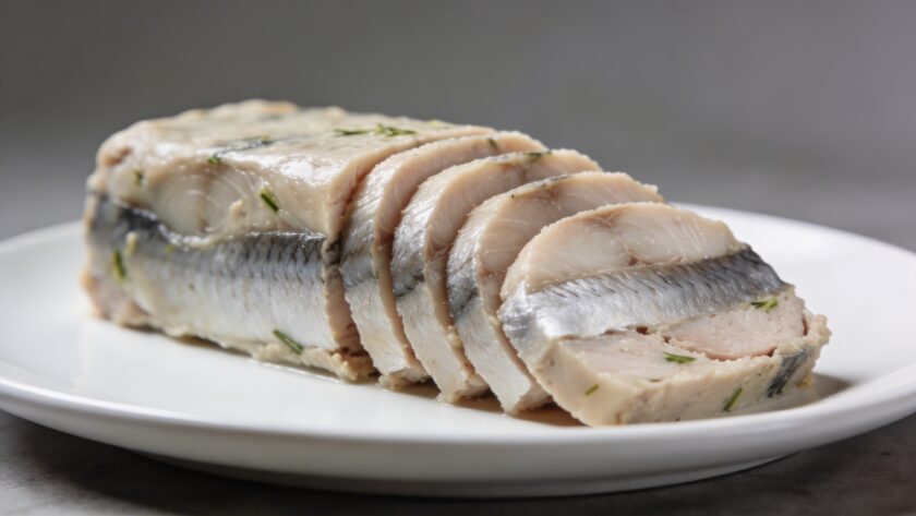 Terrine de poisson tranchee sur assiette blanche