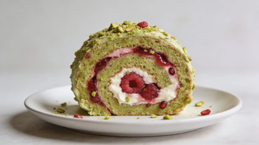 Tranche de buche pistache framboise sur assiette blanche
