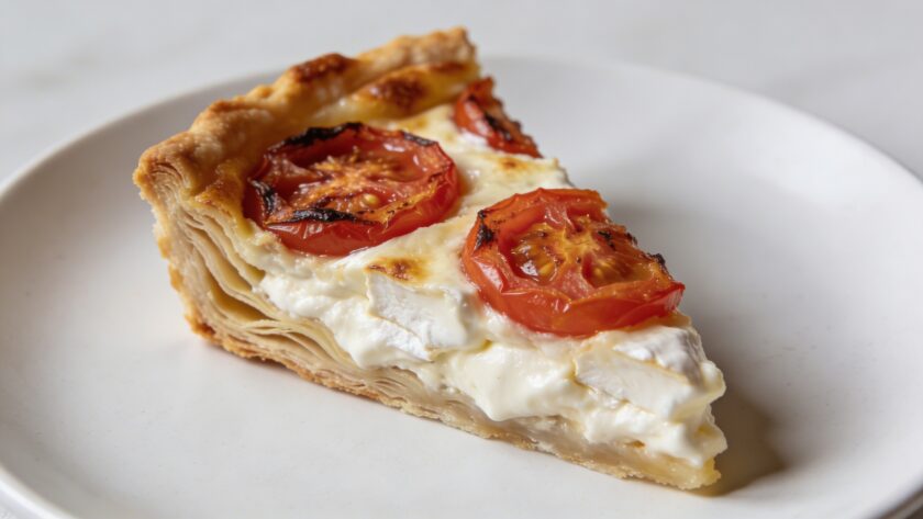 Tranche de quiche chevre tomate sur assiette