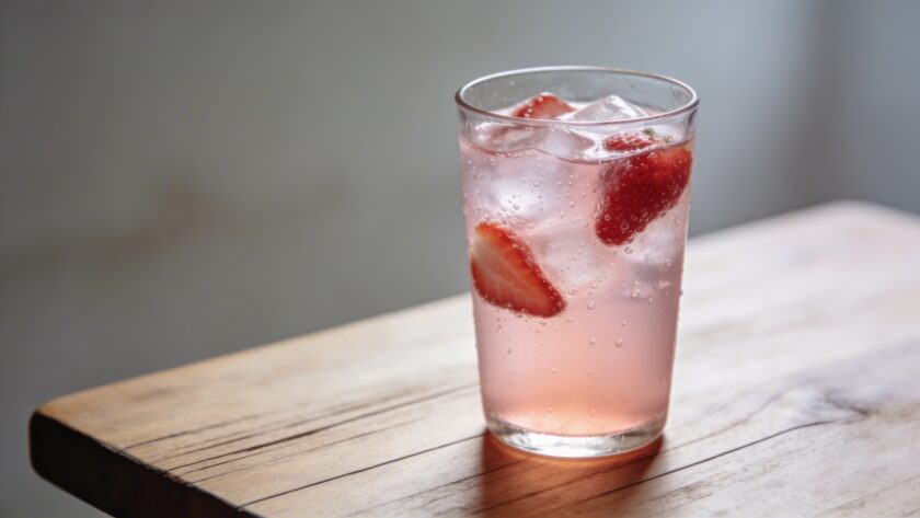 Verre de limonade rose a la fraise sur table