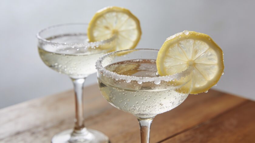 Verres de mocktail petillant garnis de citron sur table en bois