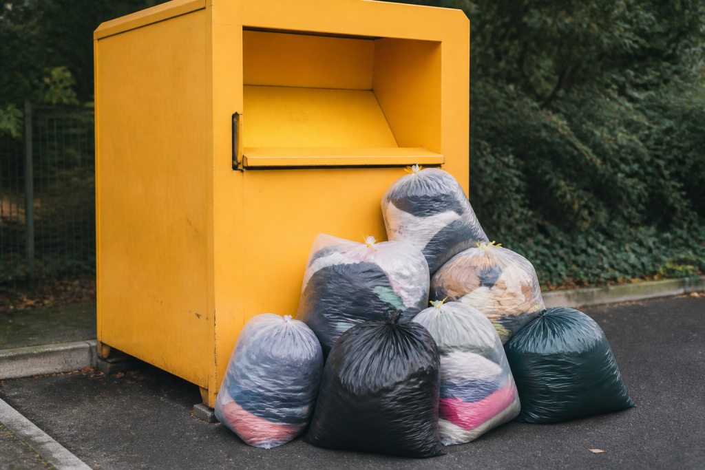 Conteneur jaune de collecte textiles avec sacs fermes