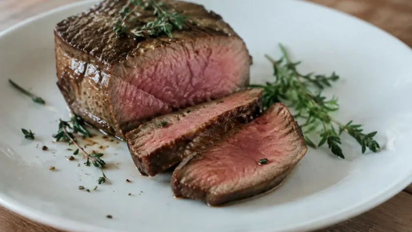 Filet mignon rose tranche posé sur assiette blanche avec herbes