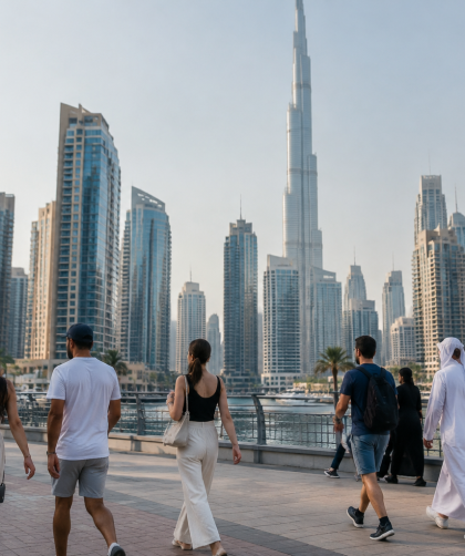 Groupe de passants marchant devant les gratte-ciel de Dubai