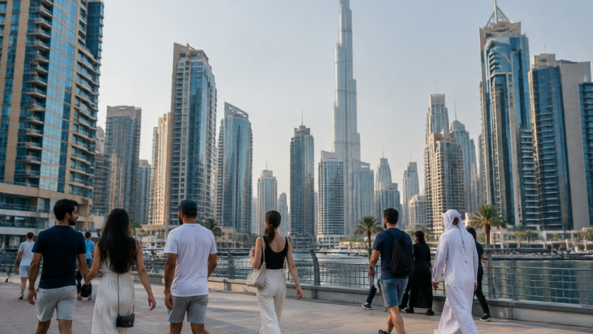 Groupe de passants marchant devant les gratte-ciel de Dubai