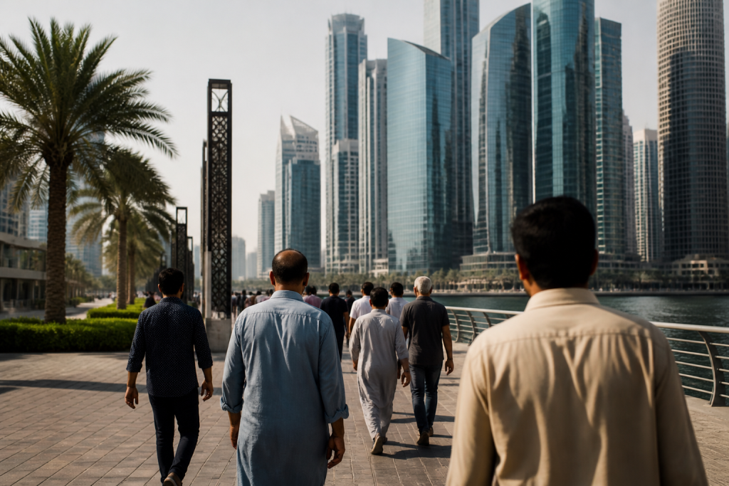 Habitants marchant devant les tours de verre de Dubai