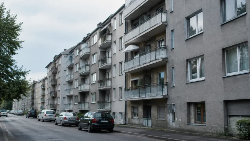 Immeubles gris aux balcons alignés au bord d'une route