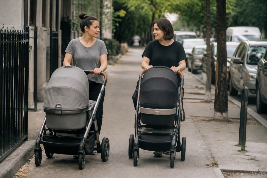 Jeunes familles avec poussettes sur un trottoir urbain