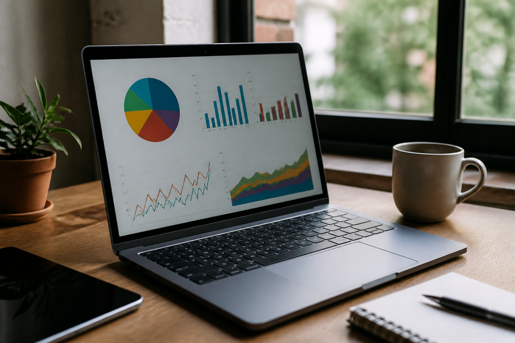 Ordinateur portable affichant des graphiques colores sur bureau