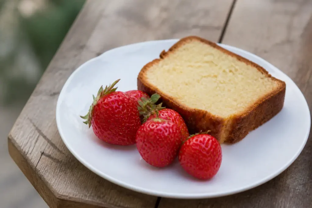 Part de cake sur assiette blanche avec fraises rouges