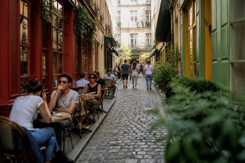 Rue etroite animee avec terrasses et facades colorees