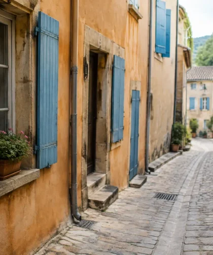 Ruelle pavee bordee de facades ocres et volets bleus