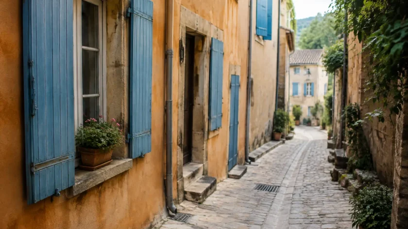 Ruelle pavee bordee de facades ocres et volets bleus